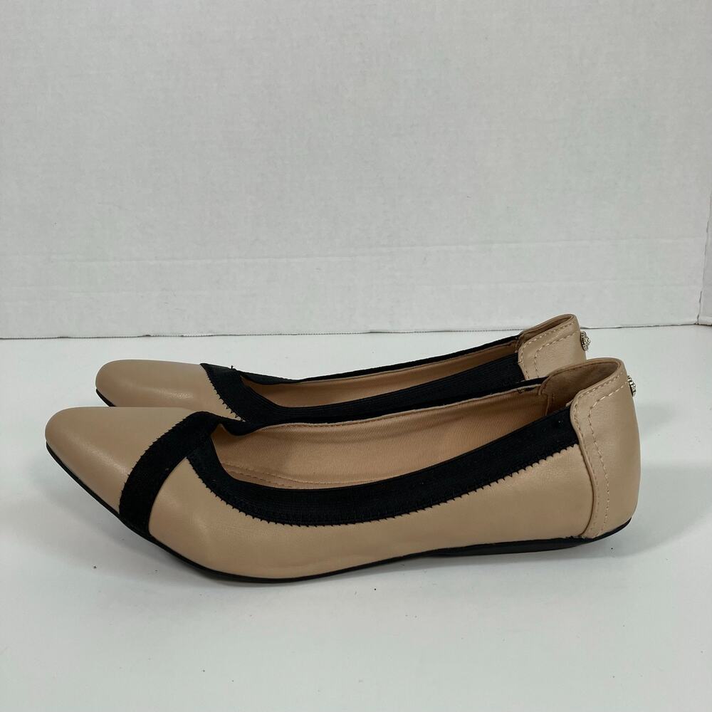 Anne Klein Iflex Sz 9 Pointed Toe Ballet Flats Tan Black Elastic Trims Comfy